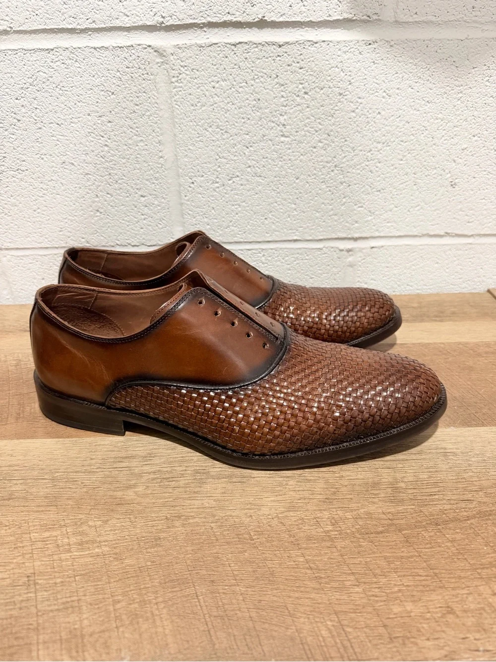 Joseph Abboud Cognac Brown Woven Leather Lace-Up Oxford Dress Shoes Men's